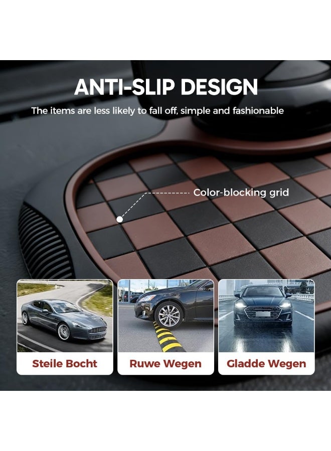 Bukela Multifunction Car Anti Slip Mat, 360° Rotatable Phone Holder Dashboard Pad with Temporary Parking Number, Anti Skid Organizer for Phone Sunglasses Keys (Brown-Gray Checkered Pattern) - Image 5